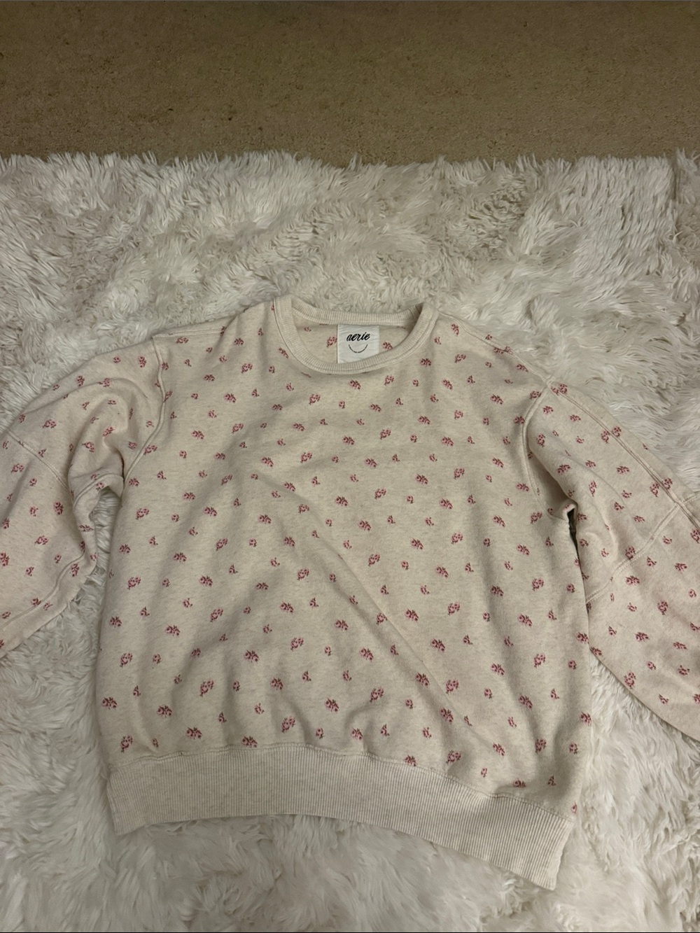 Aerie Cream Crewneck Sweatshirt with Small Pink Floral Motif
